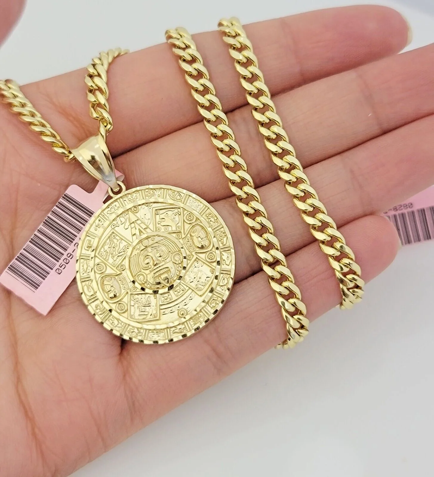 Real 14k Gold Miami Cuban Link Chain Mayan Charm Pendant SET 5mm Necklace 20-28" - Image 2