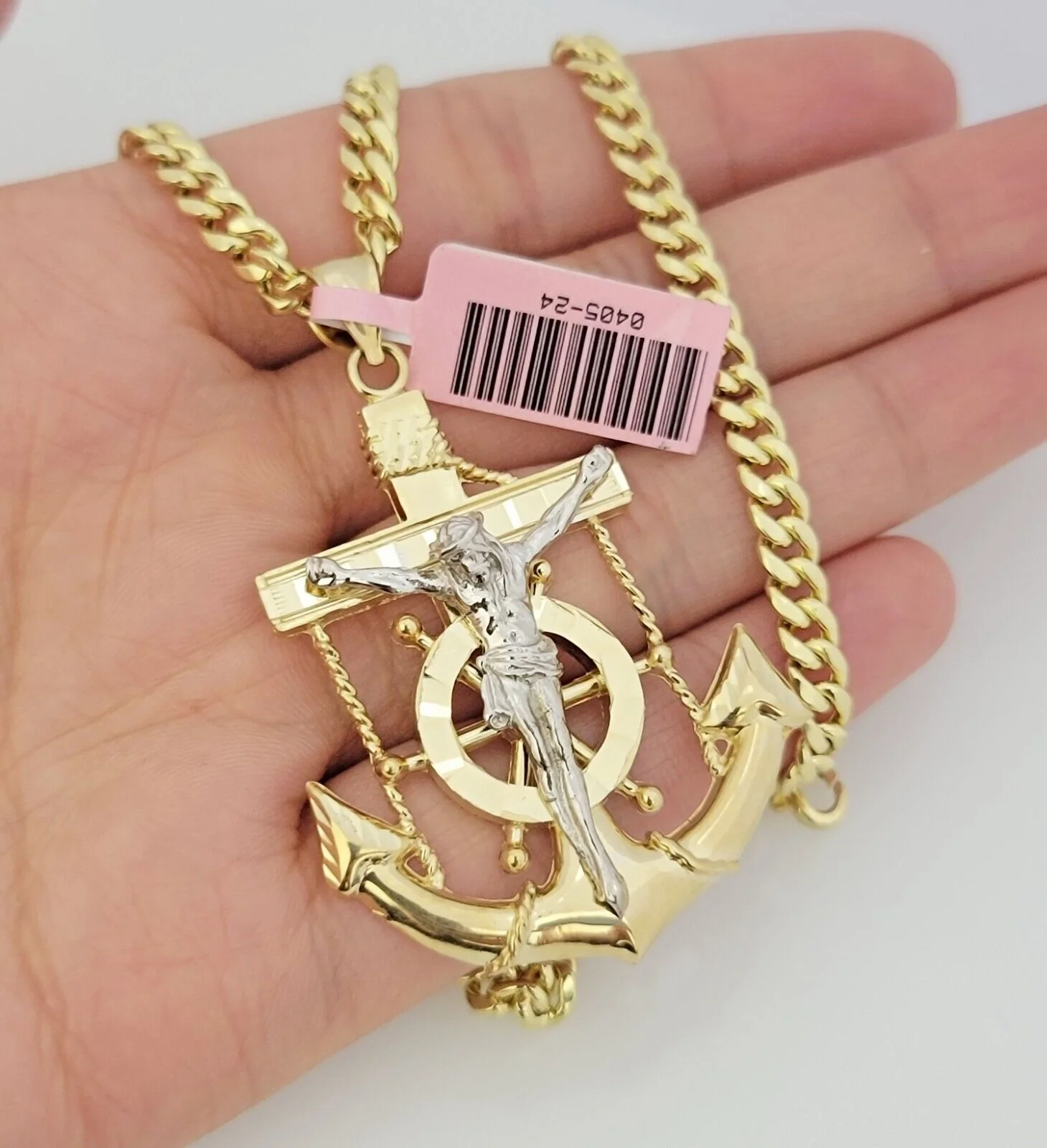 Real 14k Gold Necklace Anchor Charm Pendant SET Miami Cuban Link Chain 5mm 22" - Image 2