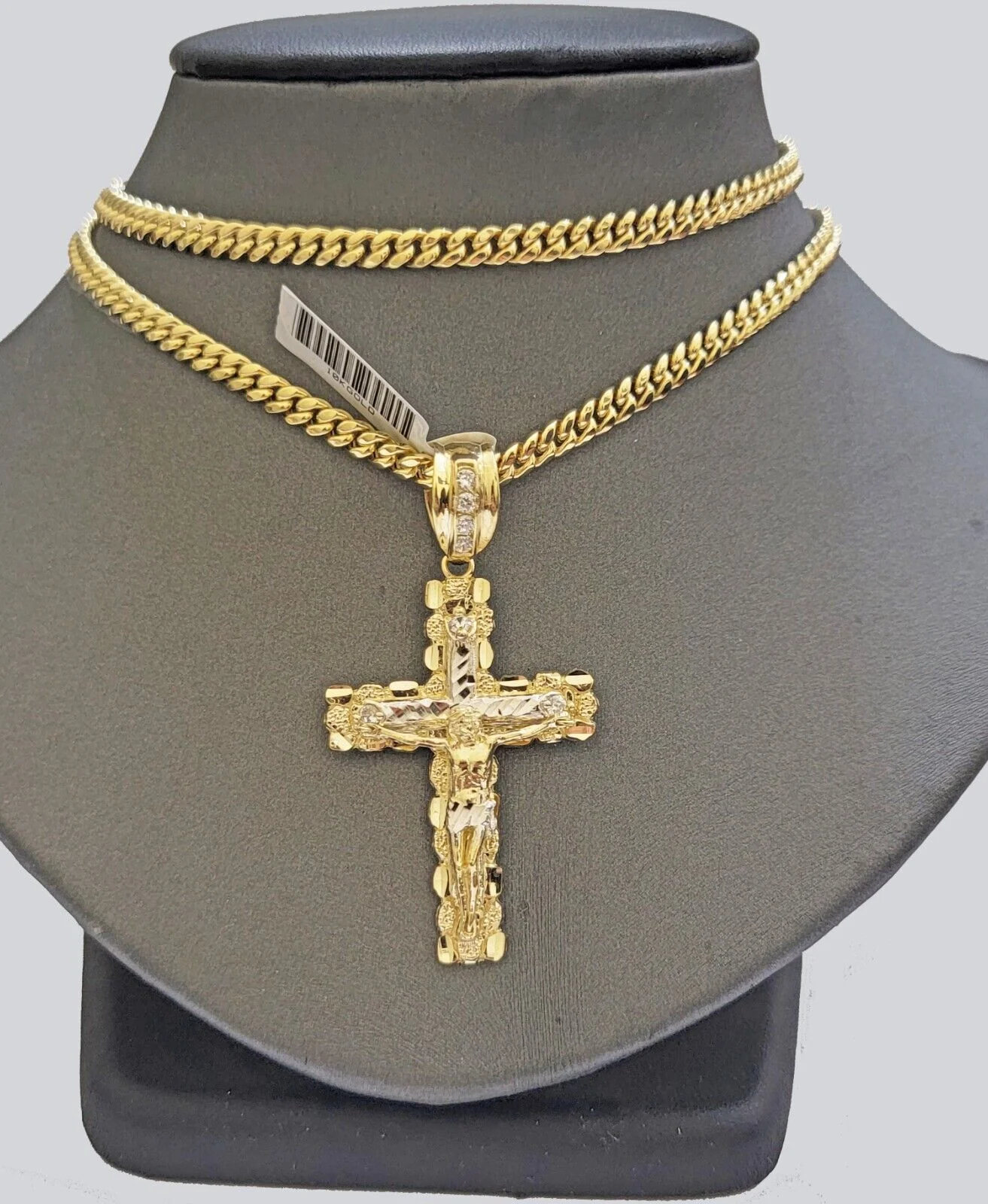 Real 14k Gold Nugget Cross pendant Cuban Link Chain 4.5mm 20" Necklace Charm Set - Image 2