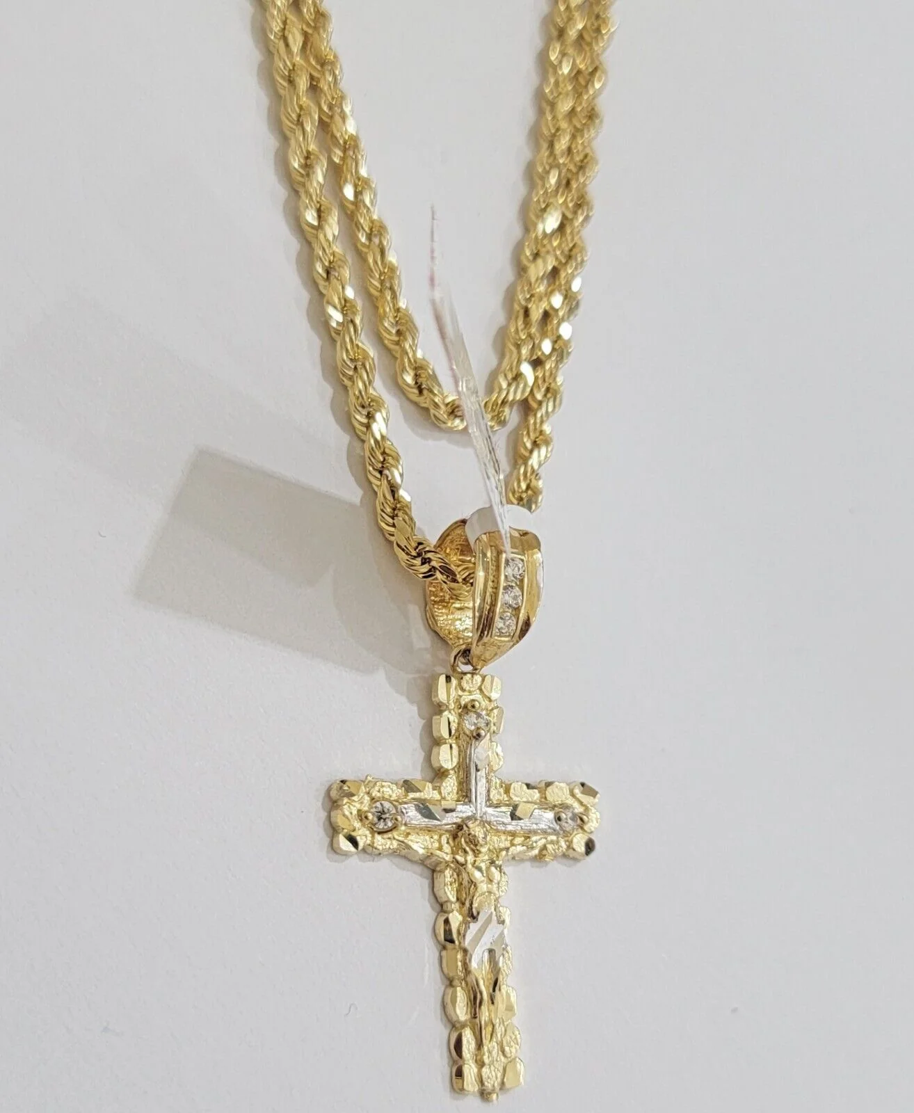 Real 14k Gold Rope Chain Necklace Jesus Cross Charm Pendant Set 16-28" inch 3mm - Image 6