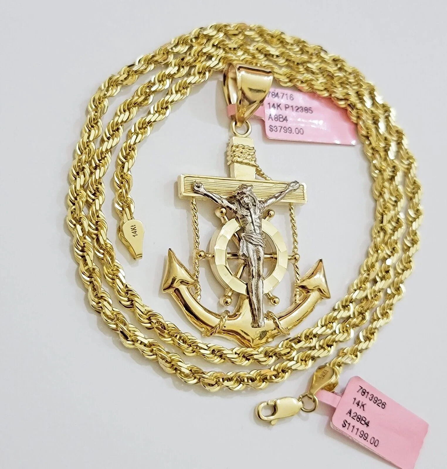 REAL 14k Gold Rope Necklace Anchor Charm Pendant SET SOLID 4mm 20-30" Necklace - Image 3