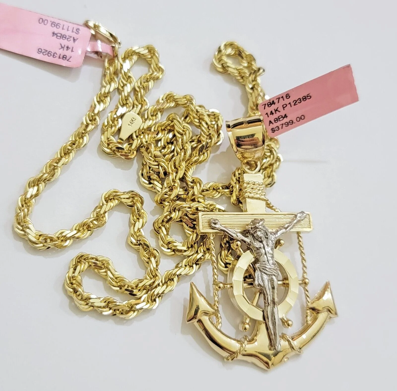REAL 14k Gold Rope Necklace Anchor Charm Pendant SET SOLID 4mm 20-30" Necklace - Image 4