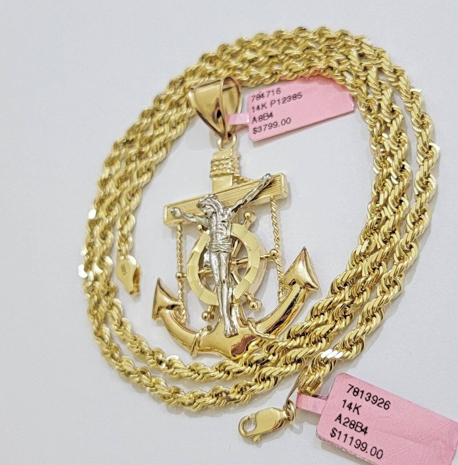 REAL 14k Gold Rope Necklace Anchor Charm Pendant SET SOLID 4mm 24 Inch Necklace - Image 8