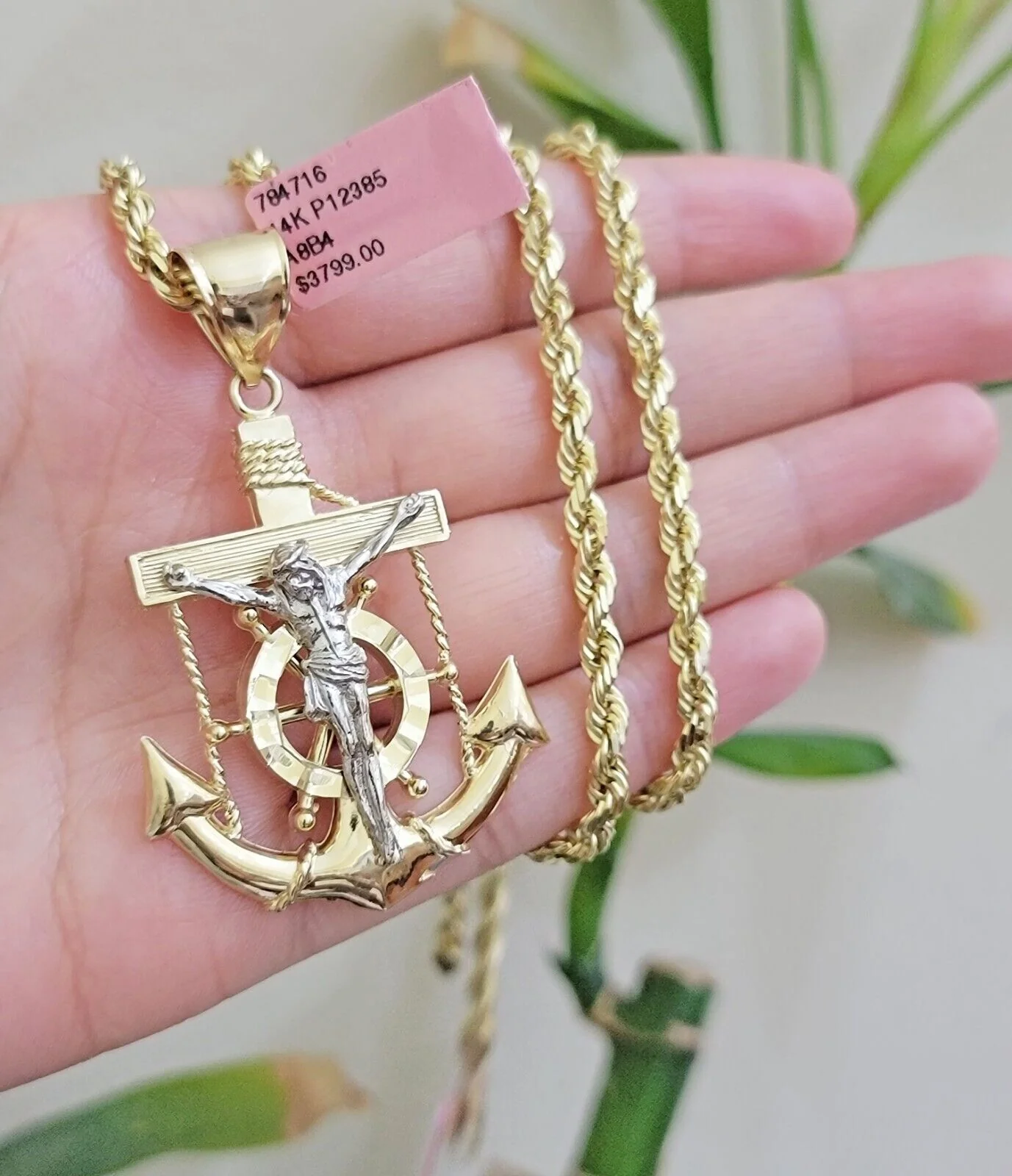 REAL 14k Gold Rope Necklace Anchor Charm Pendant SET SOLID 4mm 26 Inch Necklace - Image 3