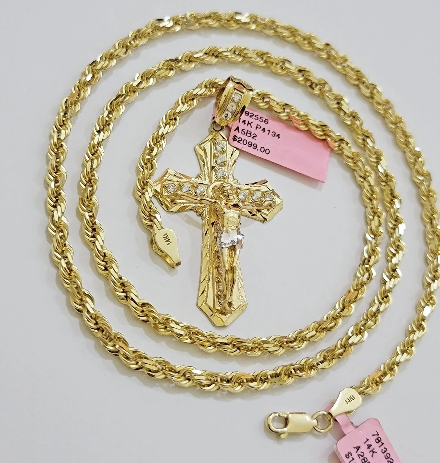 REAL 14k Gold Rope Necklace Cross Charm Pendant SET SOLID 4mm 20-30" Necklace - Image 2