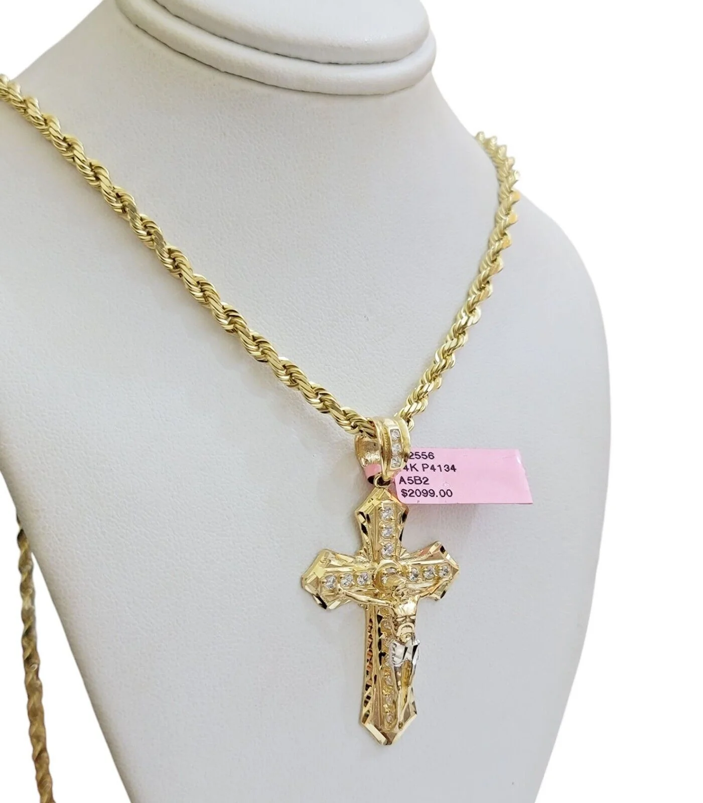 REAL 14k Gold Rope Necklace Cross Charm Pendant SET SOLID 4mm 20" Choker Chain - Image 2