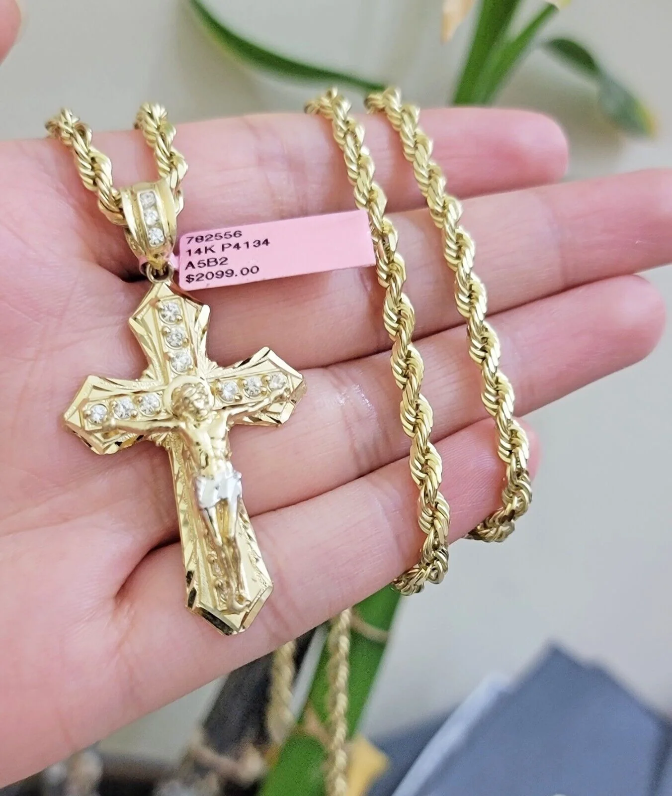 REAL 14k Gold Rope Necklace Cross Charm Pendant SET SOLID 4mm 20" Choker Chain - Image 8