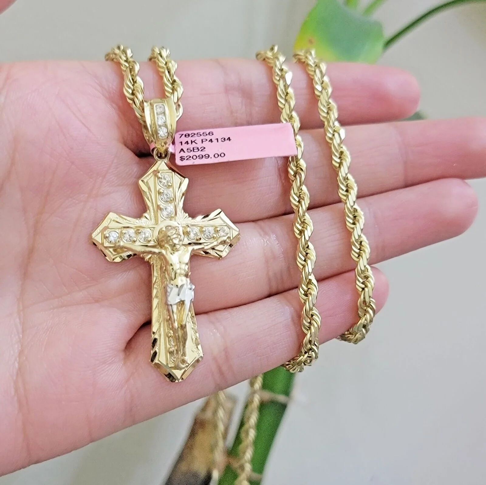 REAL 14k Gold Rope Necklace Cross Charm Pendant SET SOLID 4mm 22 Inch Chain Mens - Image 8