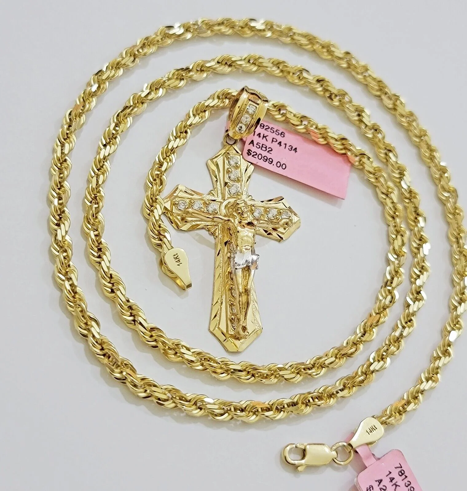REAL 14k Gold Rope Necklace Cross Charm Pendant SET SOLID 4mm 28 Inch Chain Mens - Image 7