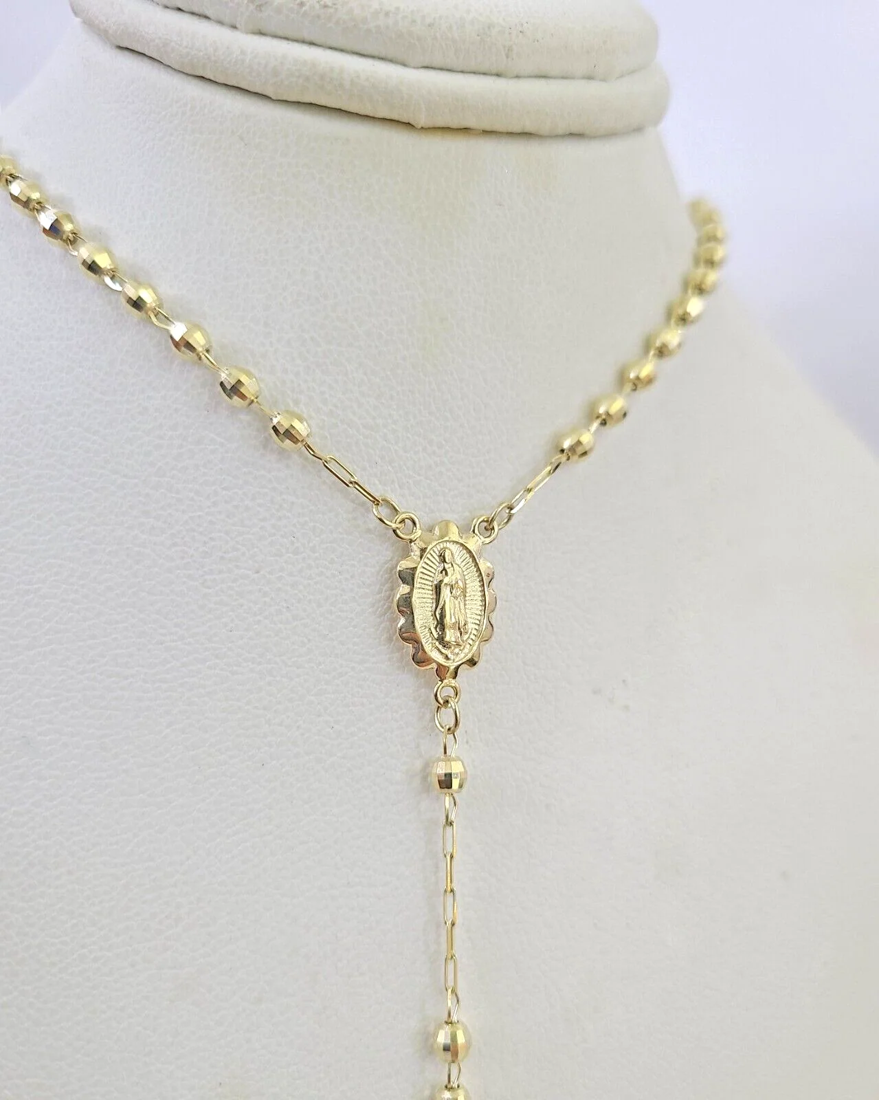 Real 14k Gold Rosary Necklace INRI Jesus Cross Women 22" Diamond Cut Solid - Image 2