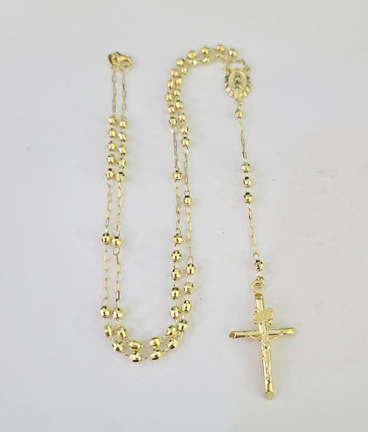 Real 14k Gold Rosary Necklace INRI Jesus Cross Women 22" Diamond Cut Solid - Image 3