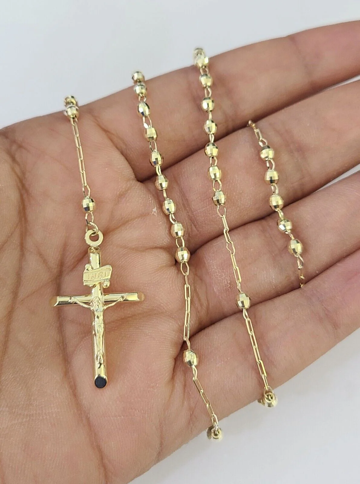 Real 14k Gold Rosary Necklace INRI Jesus Cross Women 22" Diamond Cut Solid - Image 4