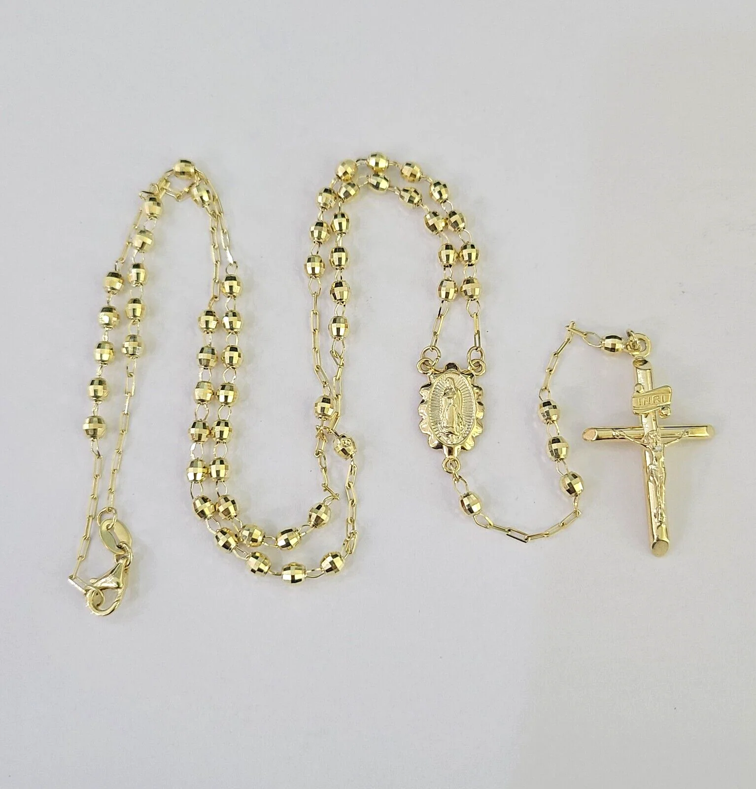 Real 14k Gold Rosary Necklace INRI Jesus Cross Women 22" Diamond Cut Solid - Image 5
