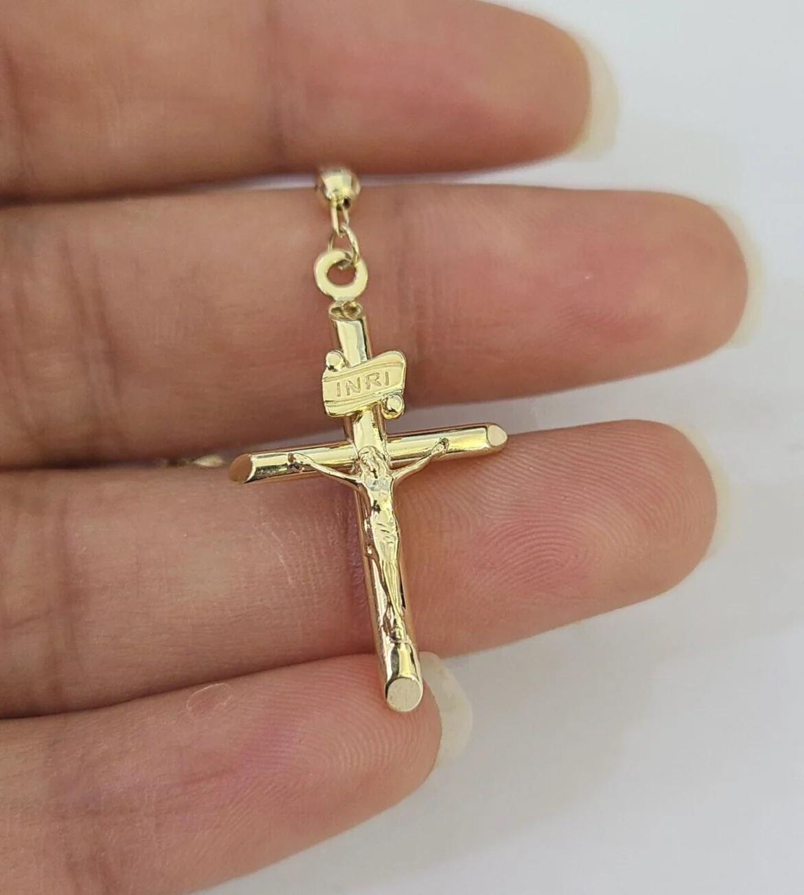 Real 14k Gold Rosary Necklace INRI Jesus Cross Women 22" Diamond Cut Solid - Image 6