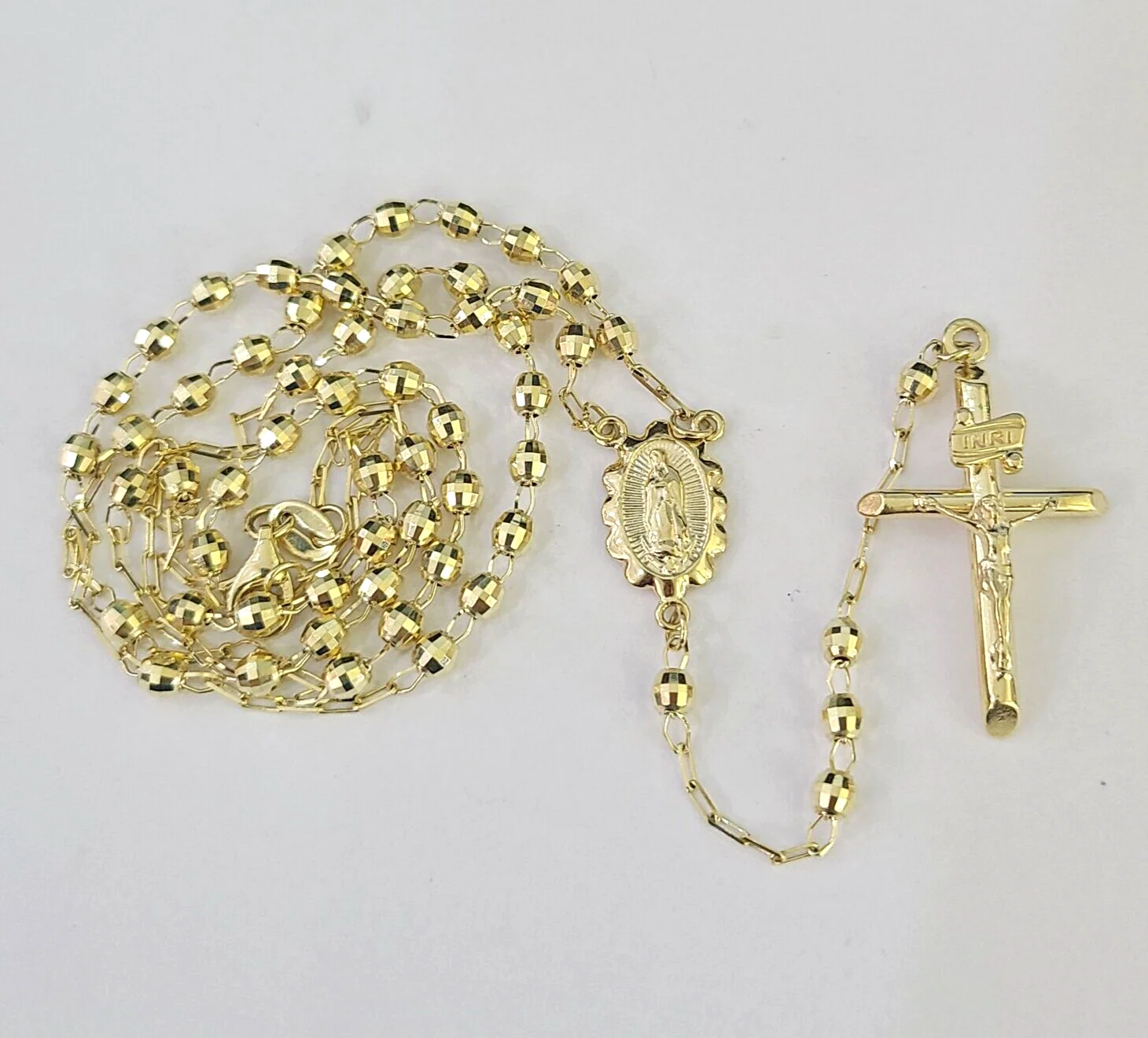 Real 14k Gold Rosary Necklace INRI Jesus Cross Women 22" Diamond Cut Solid - Image 7