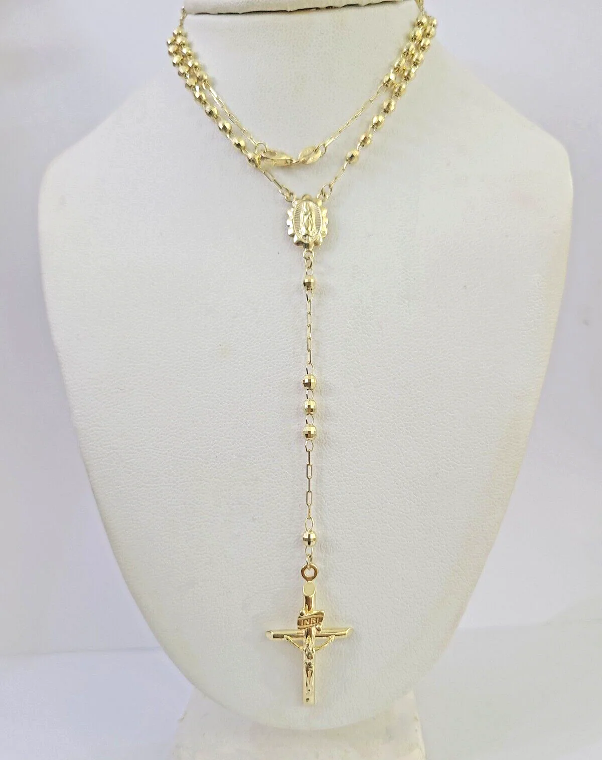 Real 14k Gold Rosary Necklace INRI Jesus Cross Women 22" Diamond Cut Solid - Image 8