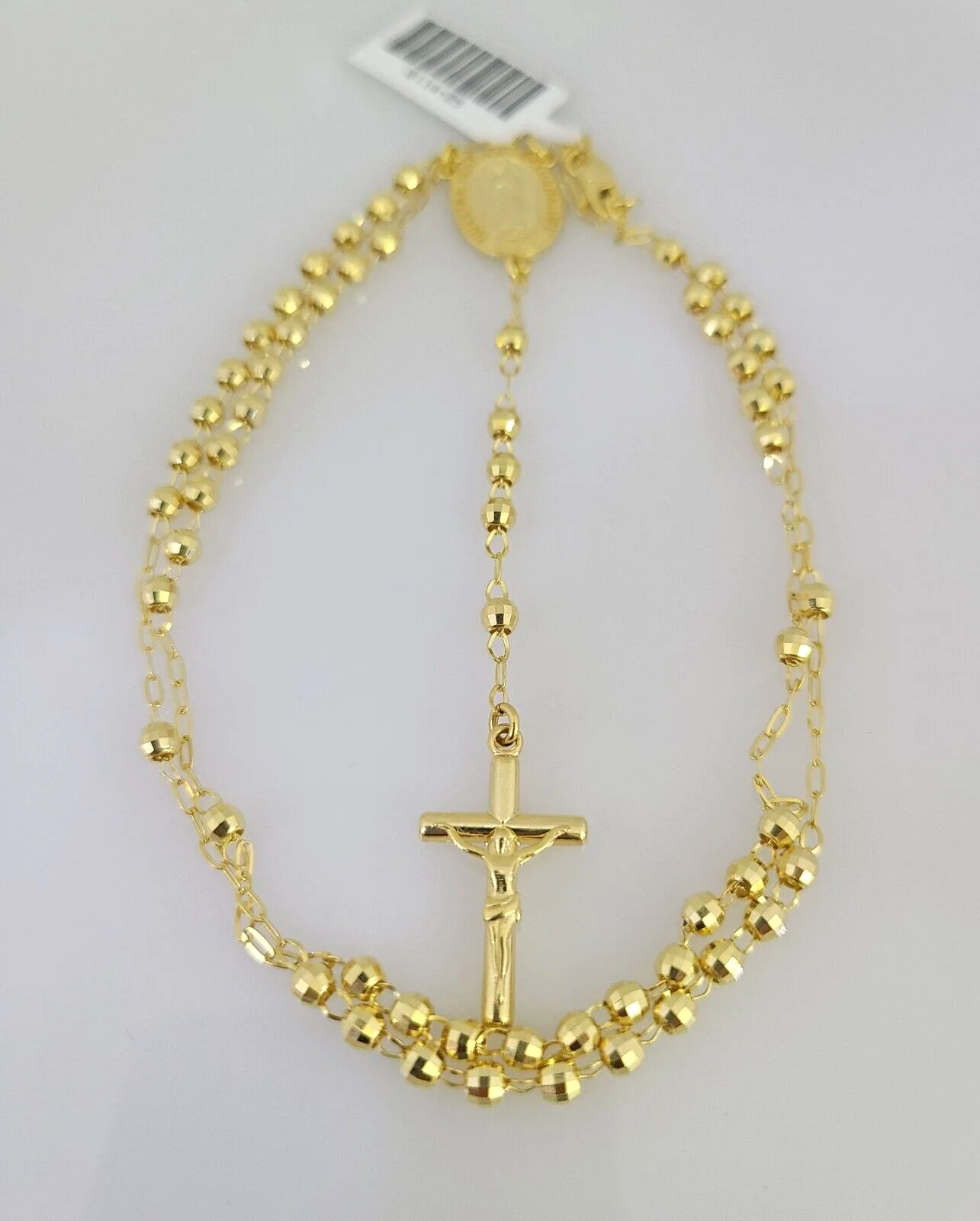 Real 14k Gold Rosary Necklace Jesus Cross Women Diamond Cut Chain 16 INCHES - Image 2