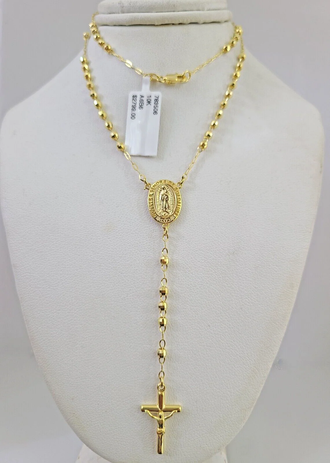 Real 14k Gold Rosary Necklace Jesus Cross Women Diamond Cut Chain 16 INCHES - Image 5