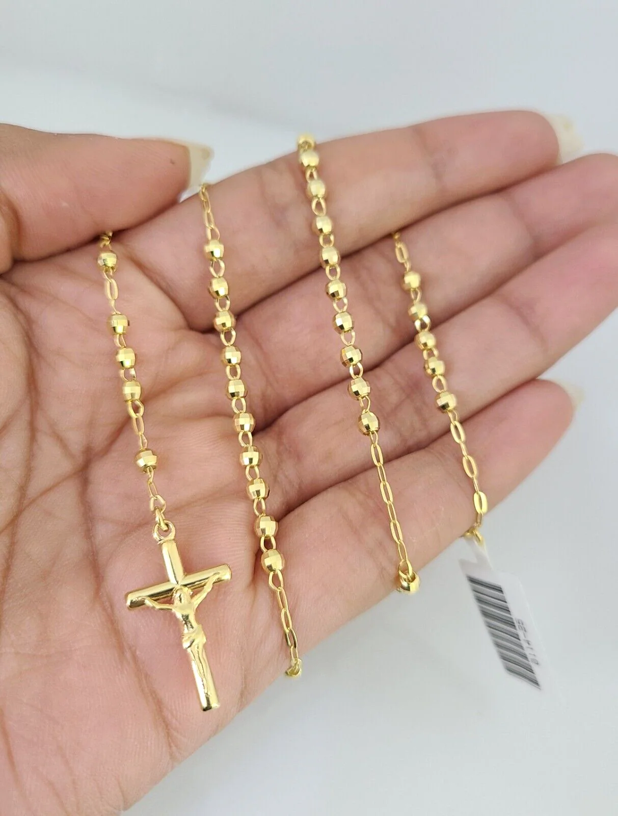 Real 14k Gold Rosary Necklace Jesus Cross Women Diamond Cut Chain 16 INCHES - Image 6