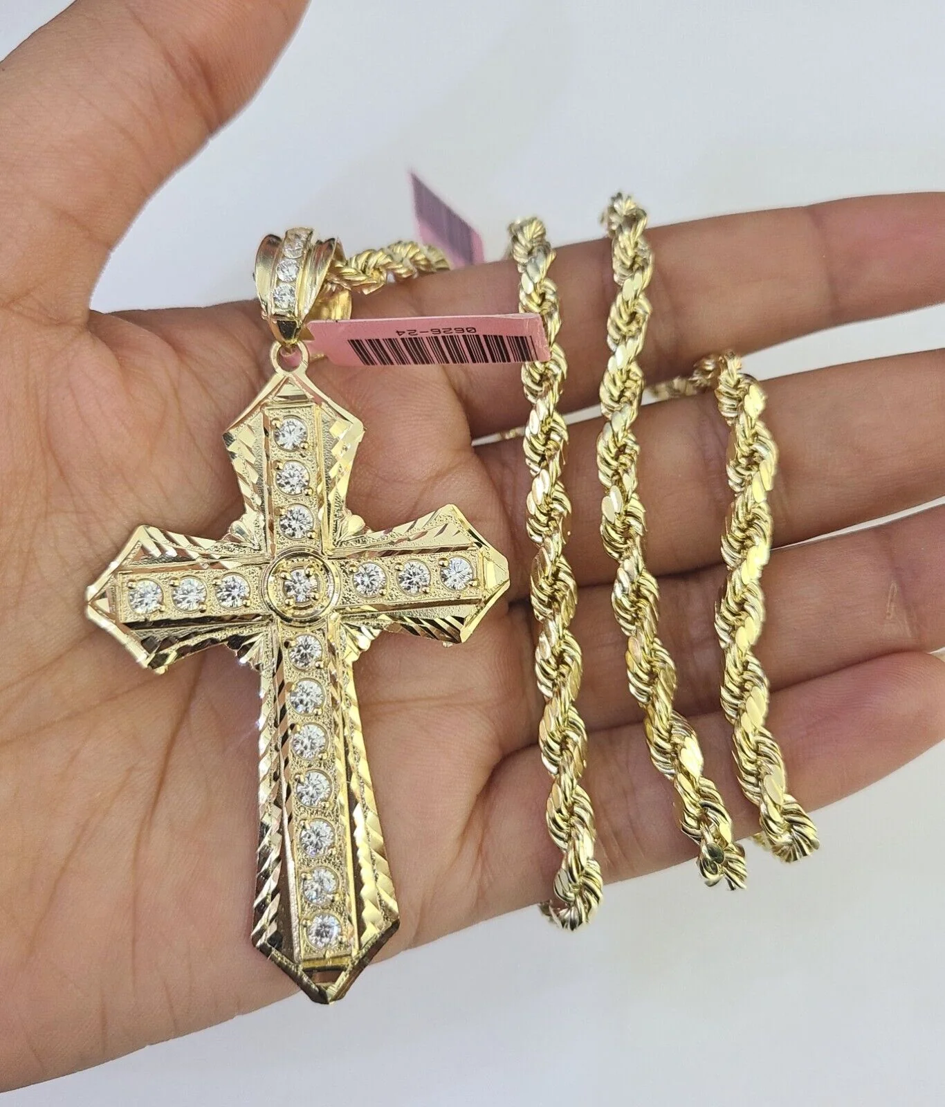 Real 14k Rope Chain Jesus Cross Charm Yellow Gold Set 5mm 20"-30" Necklace - Image 2