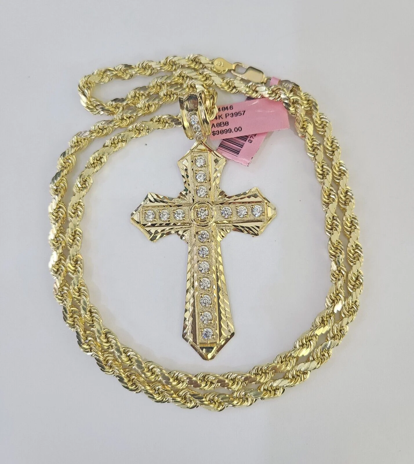 Real 14k Rope Chain Jesus Cross Charm Yellow Gold Set 5mm 20"-30" Necklace - Image 4