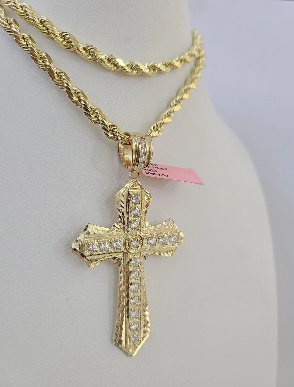 Real 14k Rope Chain Jesus Cross Charm Yellow Gold Set 5mm 20"-30" Necklace - Image 6
