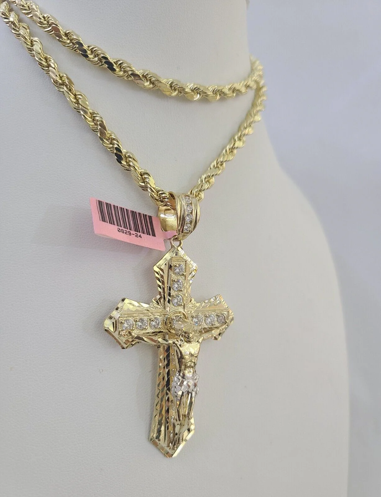 Real 14k Rope Chain Jesus Cross Charm Yellow Gold Set 5mm 20"-30" Necklace - Image 2