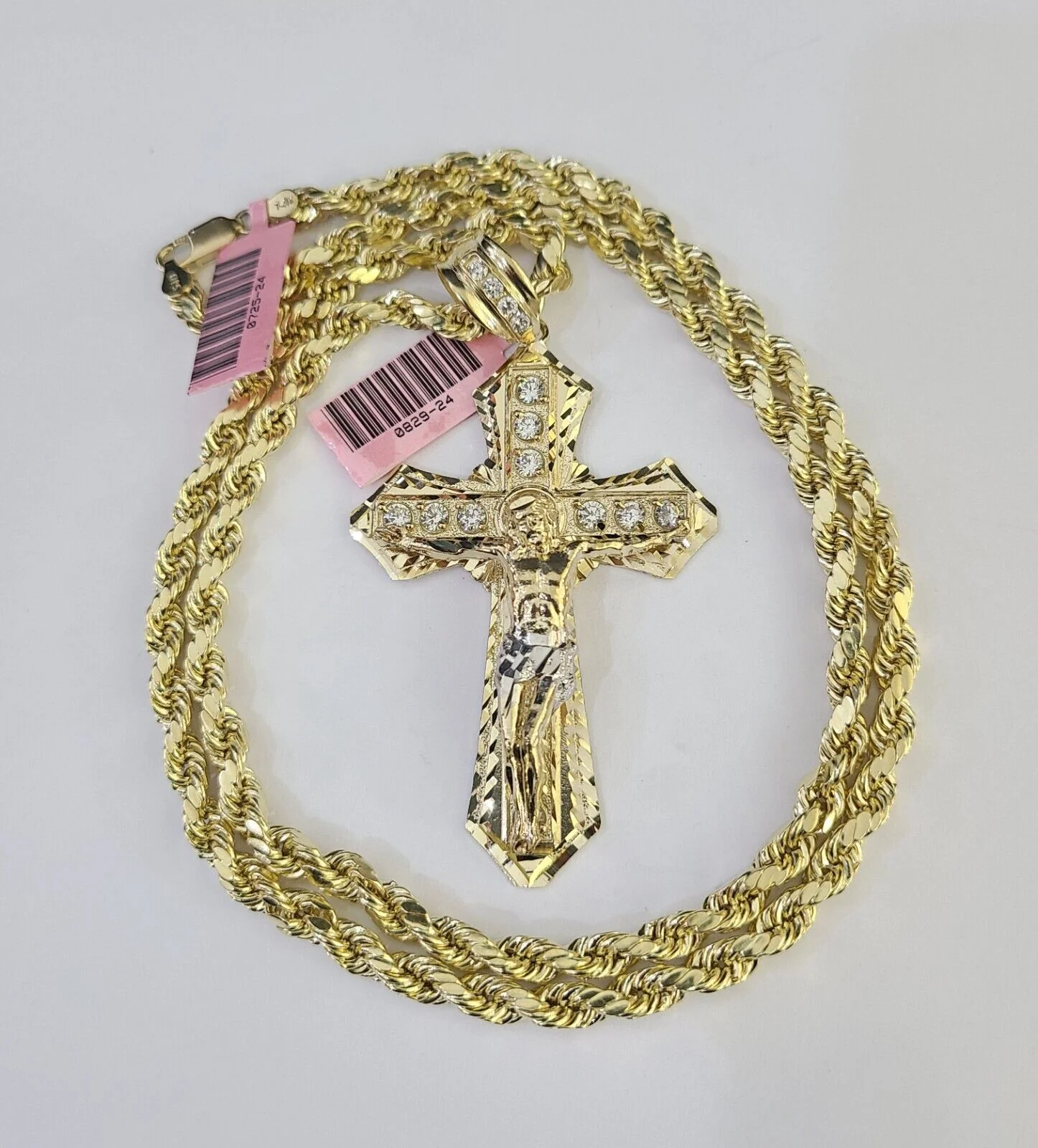 Real 14k Rope Chain Jesus Cross Charm Yellow Gold Set 5mm 20"-30" Necklace - Image 4