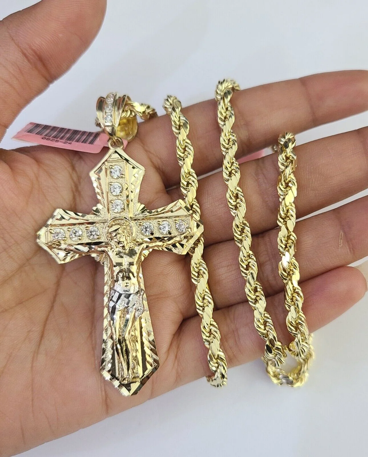 Real 14k Rope Chain Jesus Cross Charm Yellow Gold Set 5mm 20"-30" Necklace - Image 5