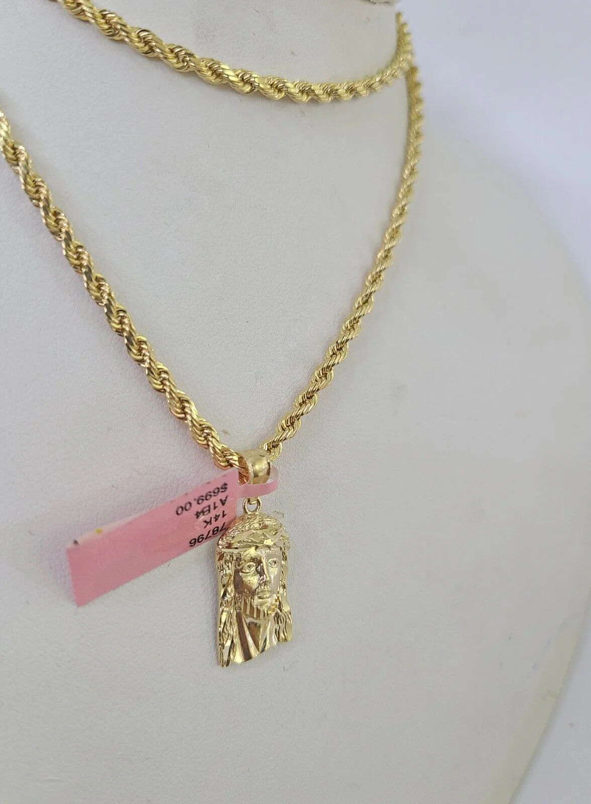 Real 14k Rope Chain Jesus Head Charm Set Yellow Gold 3mm 18-30" Necklace Pendant - Image 2