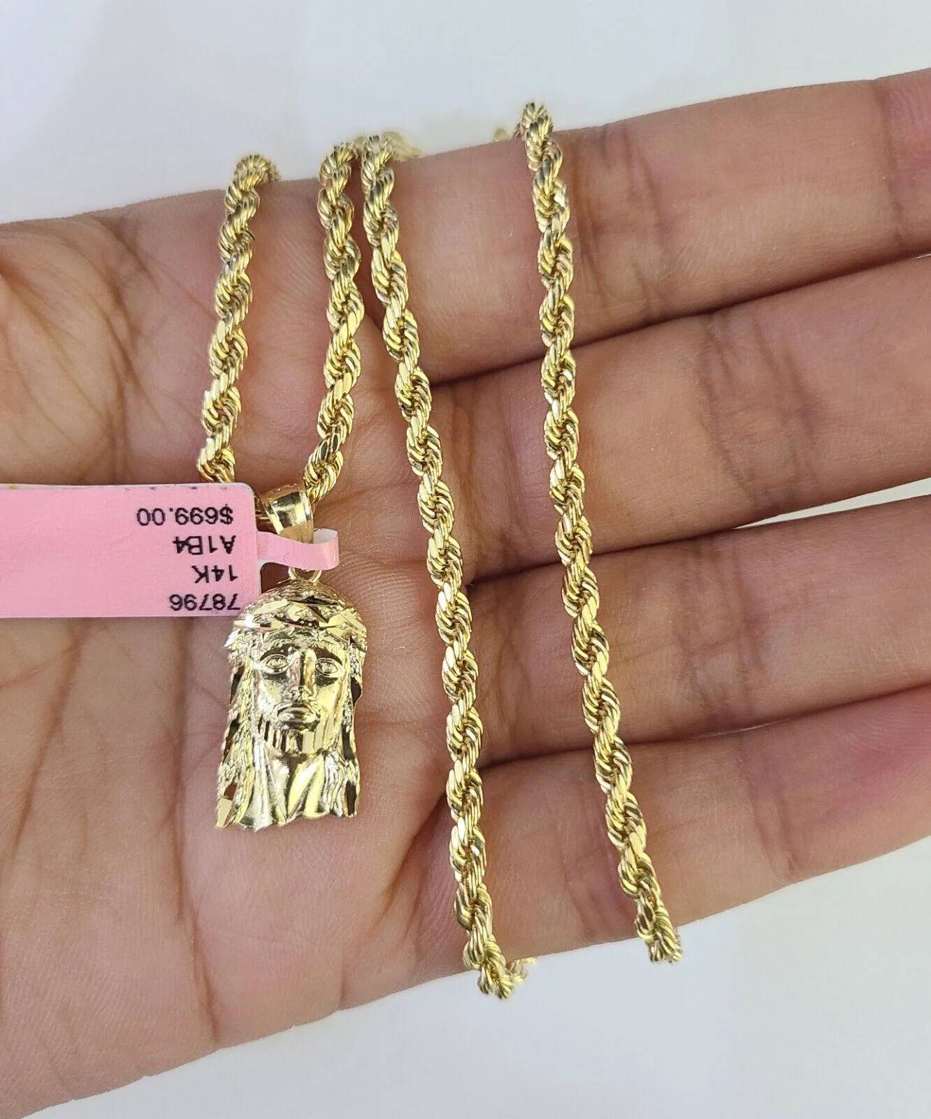 Real 14k Rope Chain Jesus Head Charm Set Yellow Gold 3mm 18-30" Necklace Pendant - Image 3