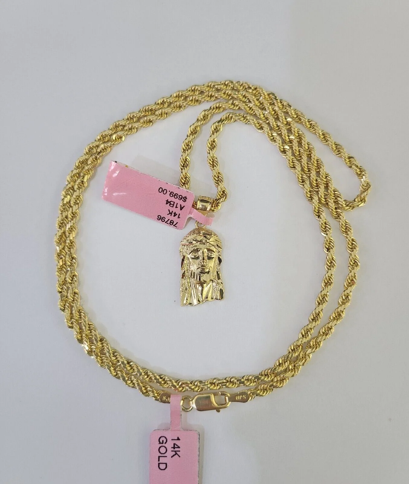 Real 14k Rope Chain Jesus Head Charm Set Yellow Gold 3mm 18-30" Necklace Pendant - Image 6