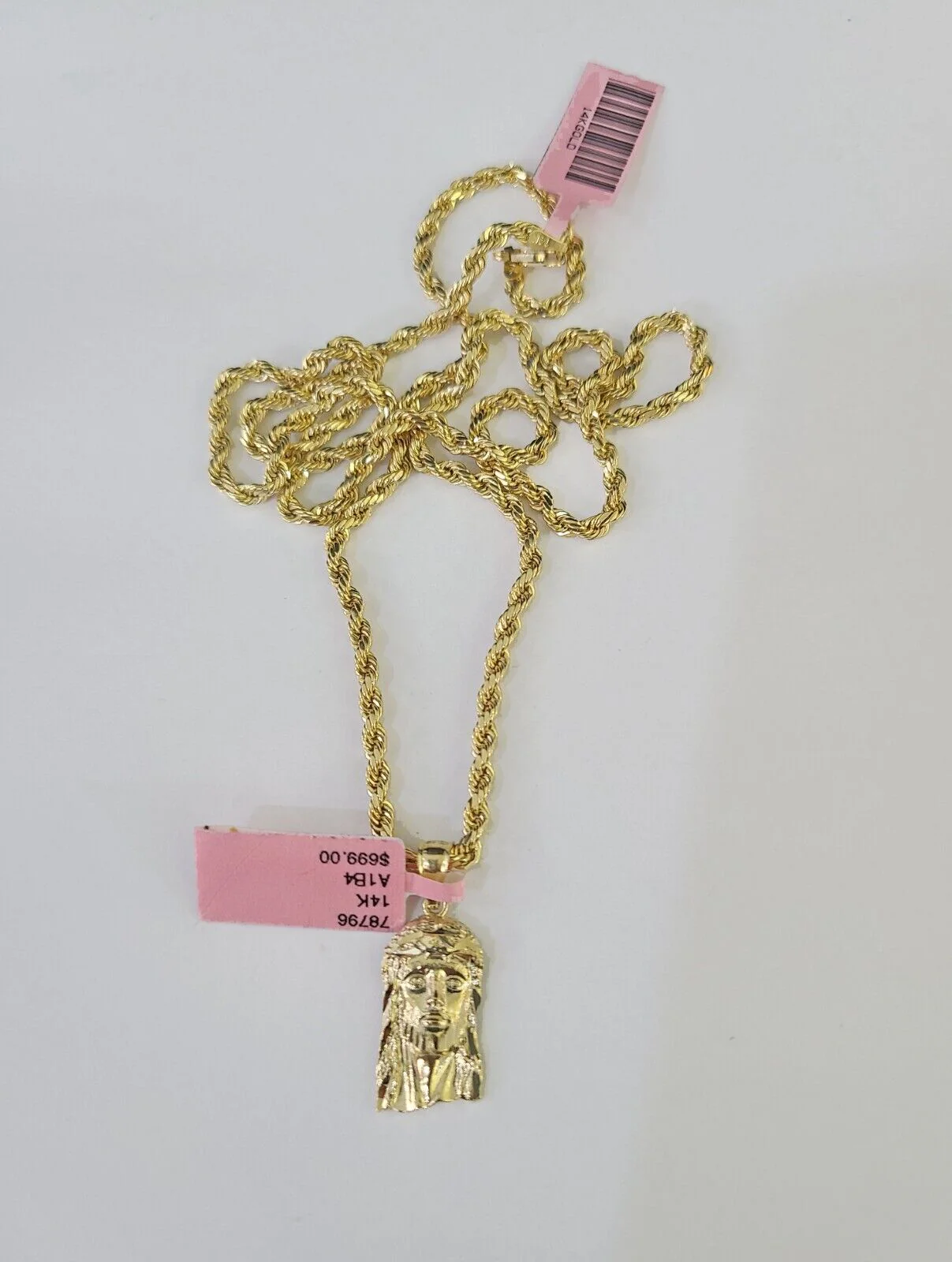 Real 14k Rope Chain Jesus Head Charm Set Yellow Gold 3mm 18-30" Necklace Pendant - Image 7