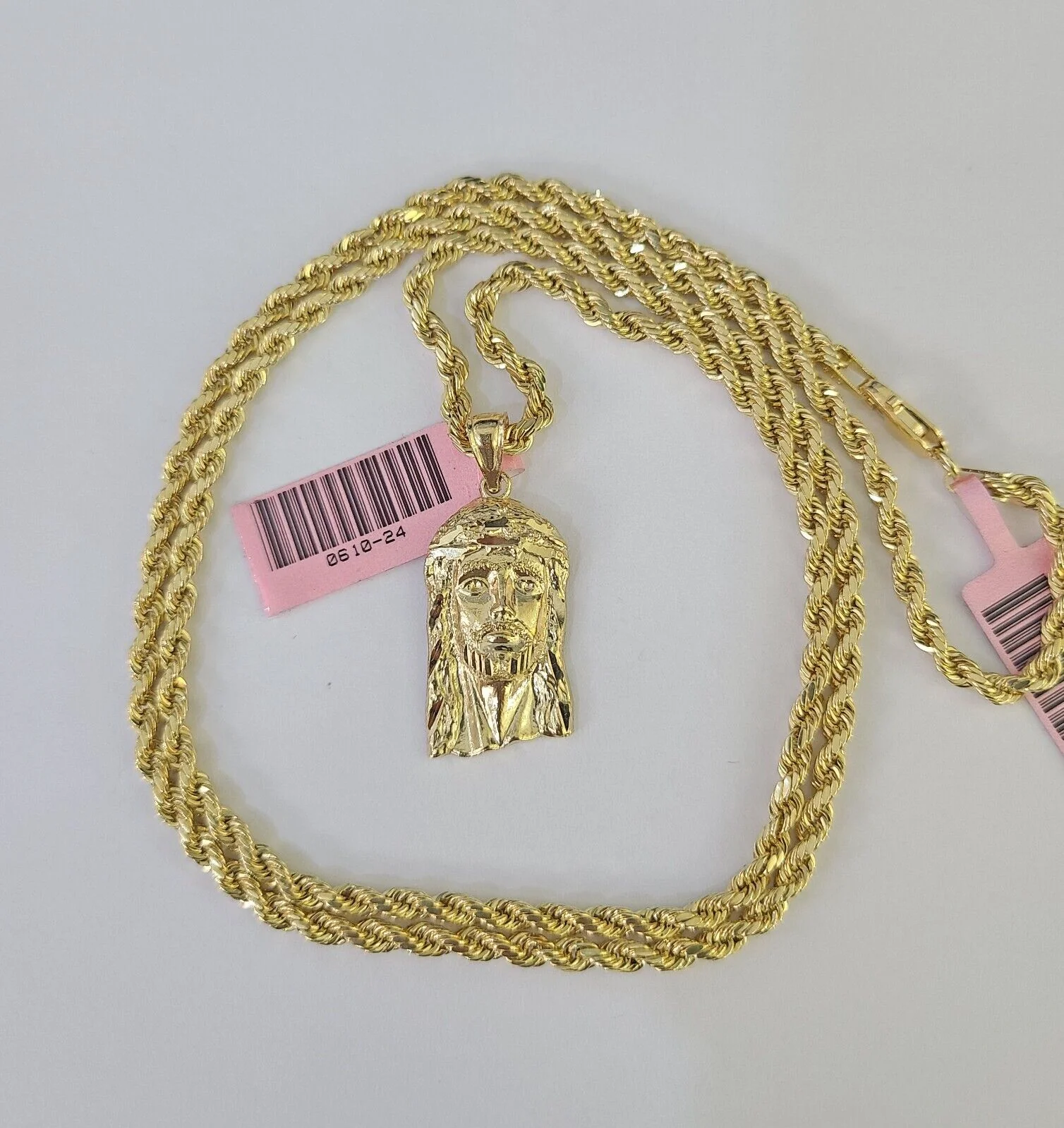 Real 14k Rope Chain Jesus Head Charm Set Yellow Gold 3mm 18-30" Necklace Pendant - Image 2