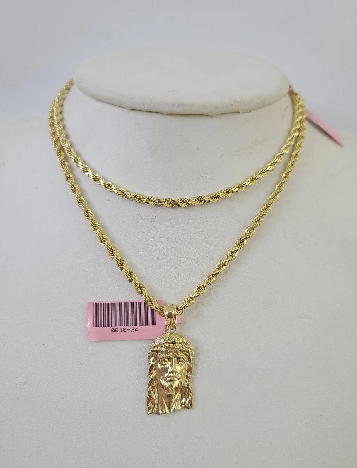 Real 14k Rope Chain Jesus Head Charm Set Yellow Gold 3mm 18-30" Necklace Pendant - Image 3
