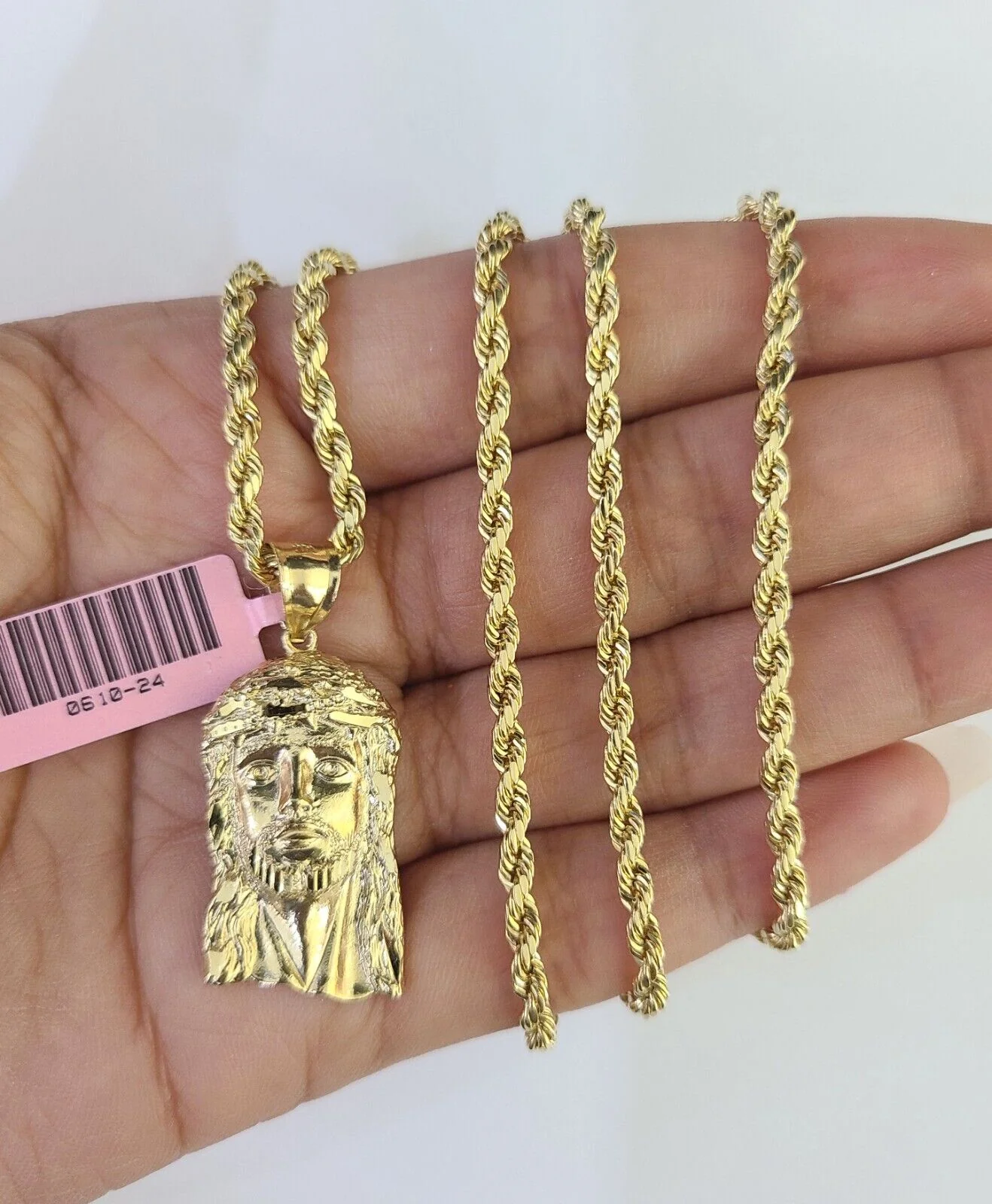 Real 14k Rope Chain Jesus Head Charm Set Yellow Gold 3mm 18-30" Necklace Pendant - Image 3