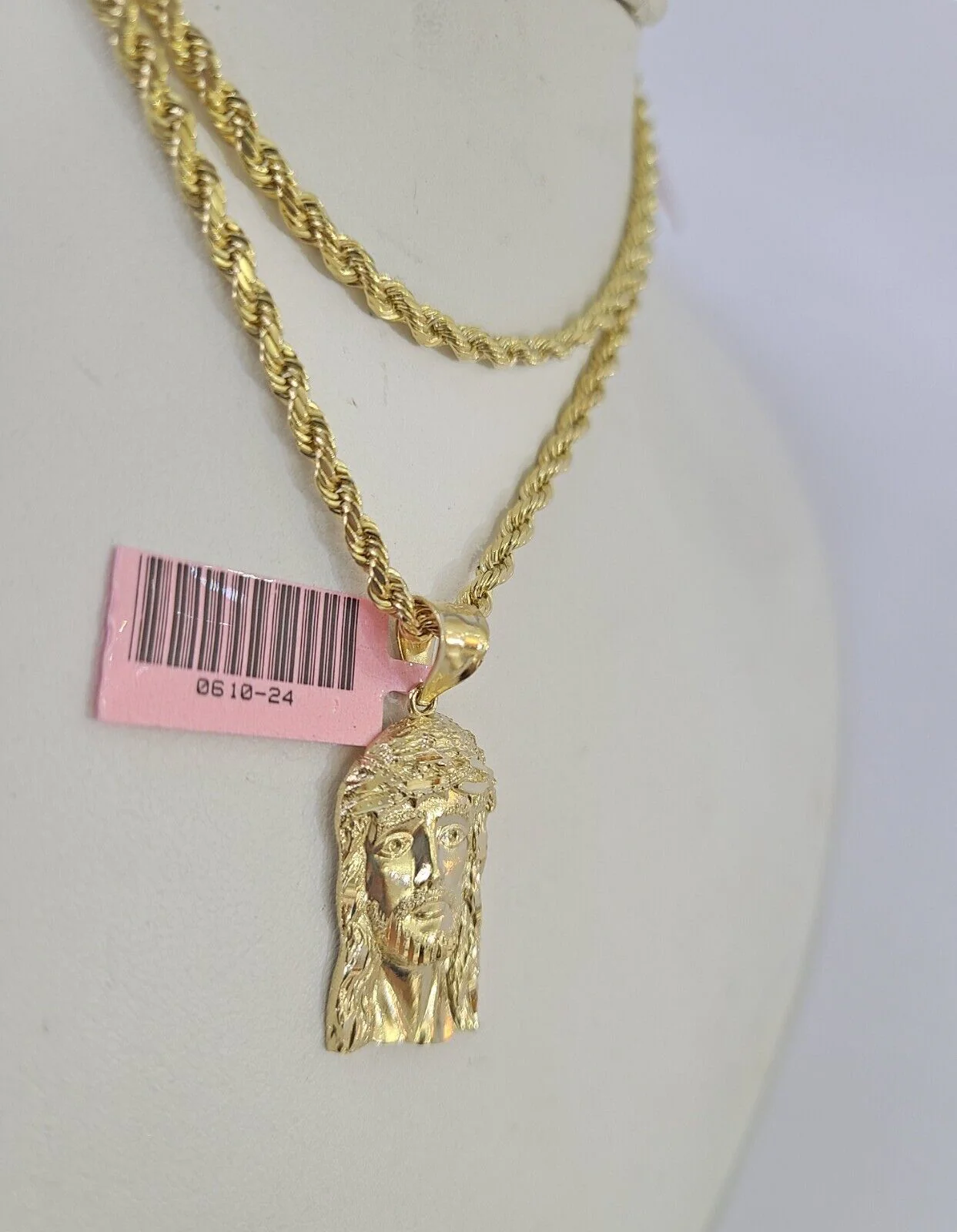 Real 14k Rope Chain Jesus Head Charm Set Yellow Gold 4mm 18-30" Necklace Pendant - Image 3