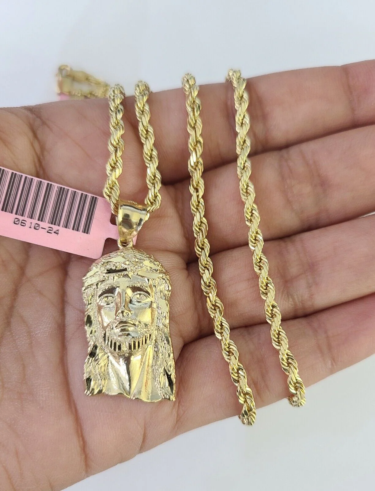 Real 14k Rope Chain Jesus Head Charm Set Yellow Gold 4mm 18-30" Necklace Pendant - Image 4