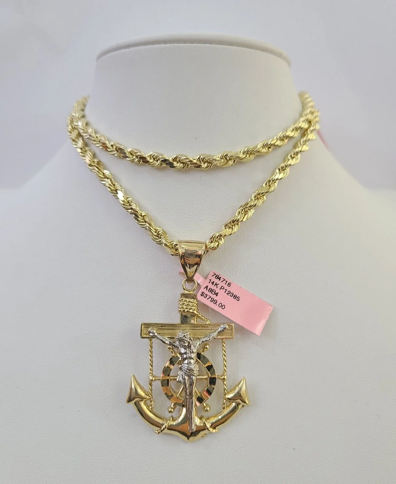 Real 14k Rope Chain Jesus Anchor Charm Yellow Gold Set 5mm 20"-30" Necklace