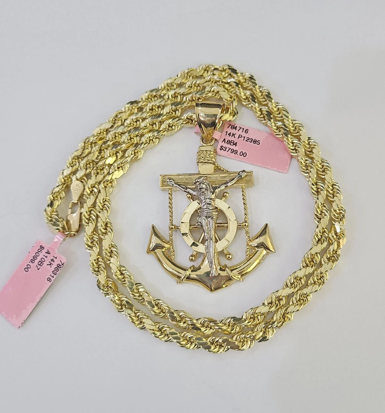 Real 14k Rope Chain Jesus Anchor Charm Yellow Gold Set 5mm 20"-30" Necklace - Image 4