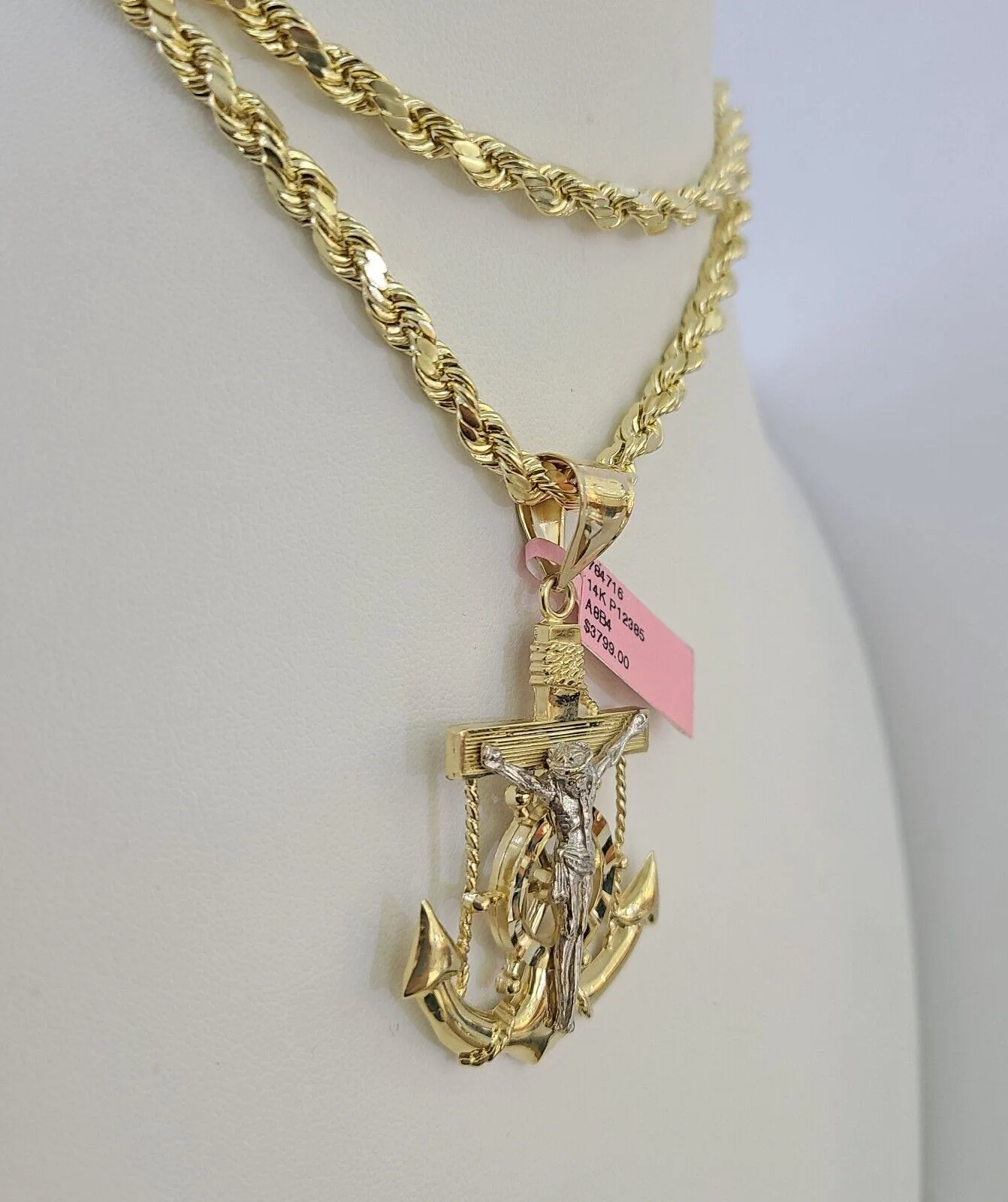 Real 14k Rope Chain Jesus Anchor Charm Yellow Gold Set 5mm 20"-30" Necklace - Image 6