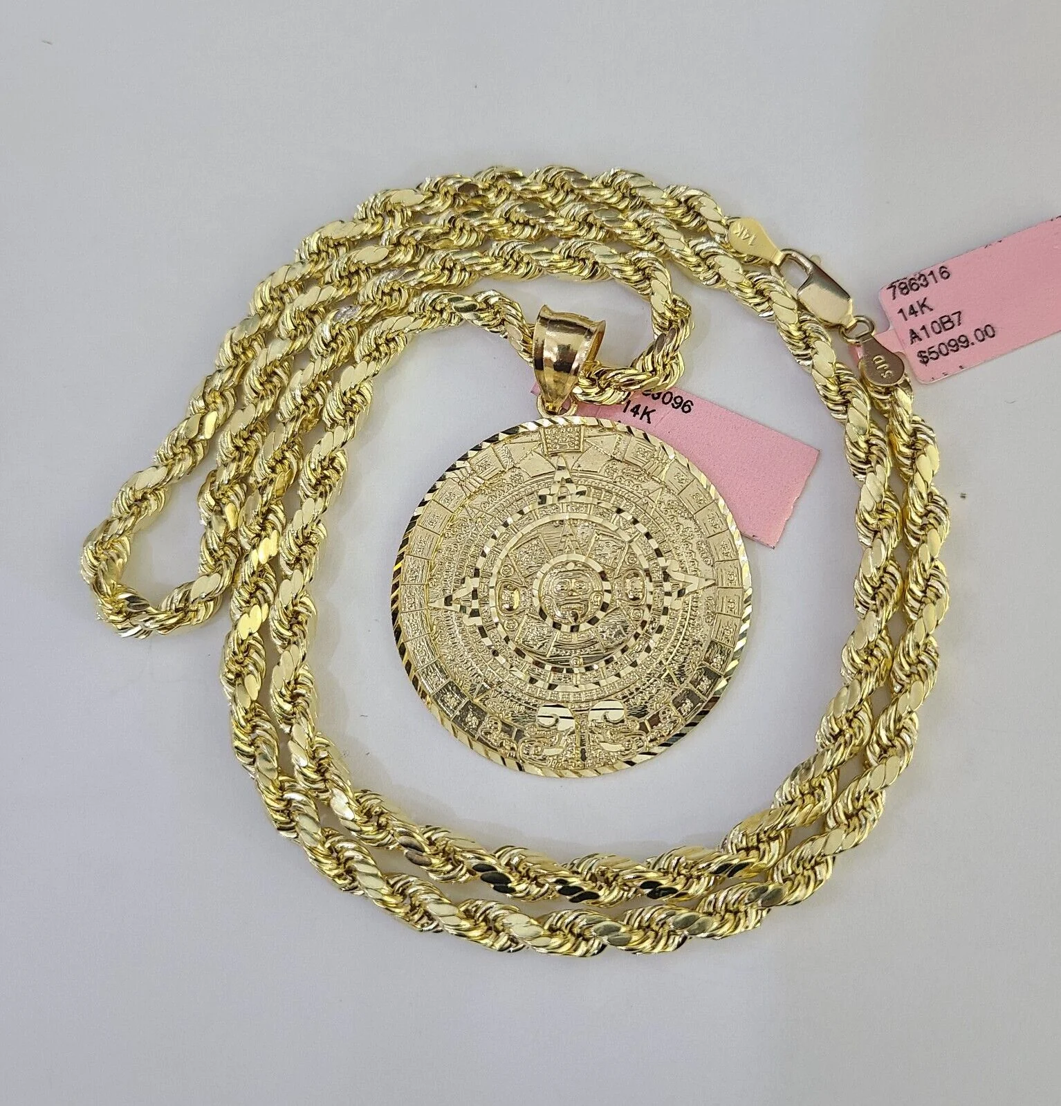 Real 14k Rope Chain Mayan Calendar Charm Yellow Gold Set 5mm 20"-30" Necklace - Image 3