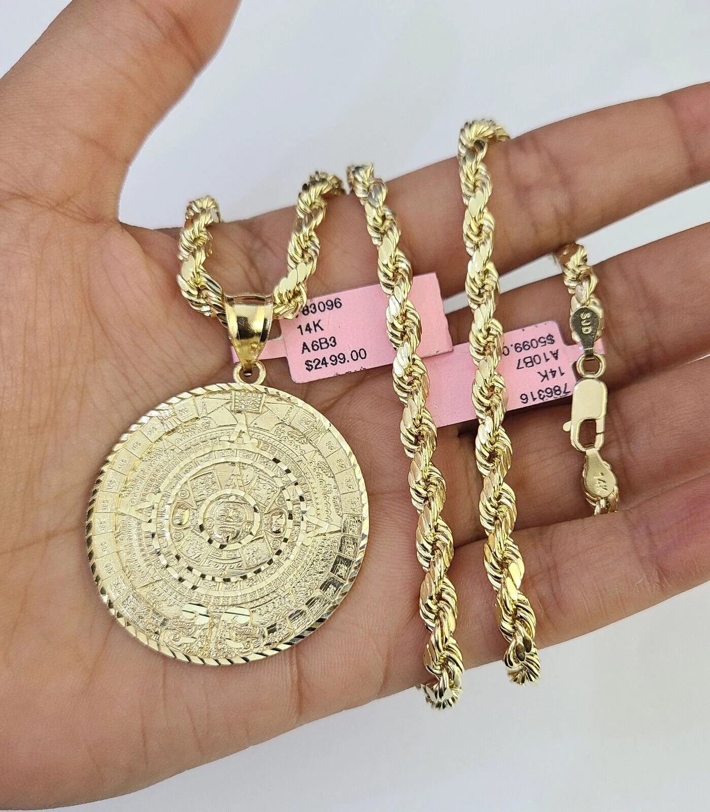 Real 14k Rope Chain Mayan Calendar Charm Yellow Gold Set 5mm 20"-30" Necklace - Image 4
