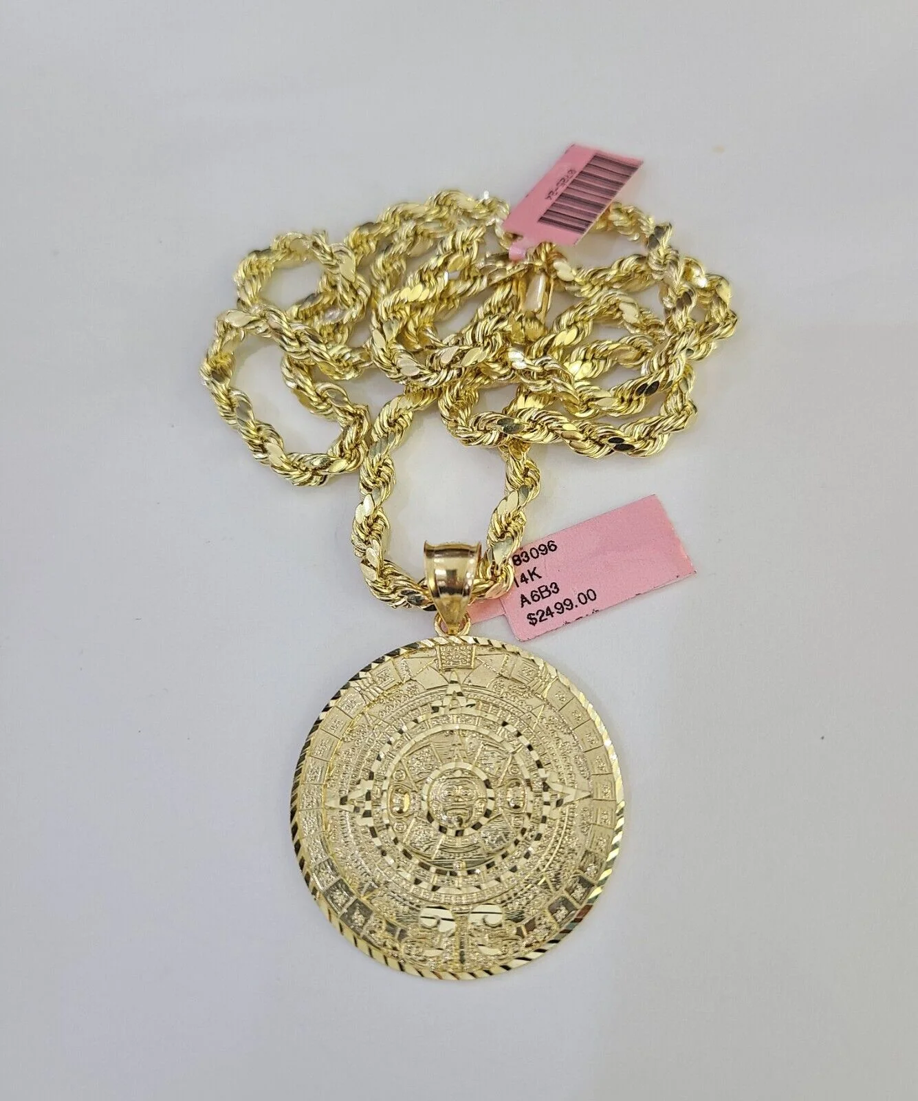 Real 14k Rope Chain Mayan Calendar Charm Yellow Gold Set 5mm 20"-30" Necklace - Image 5