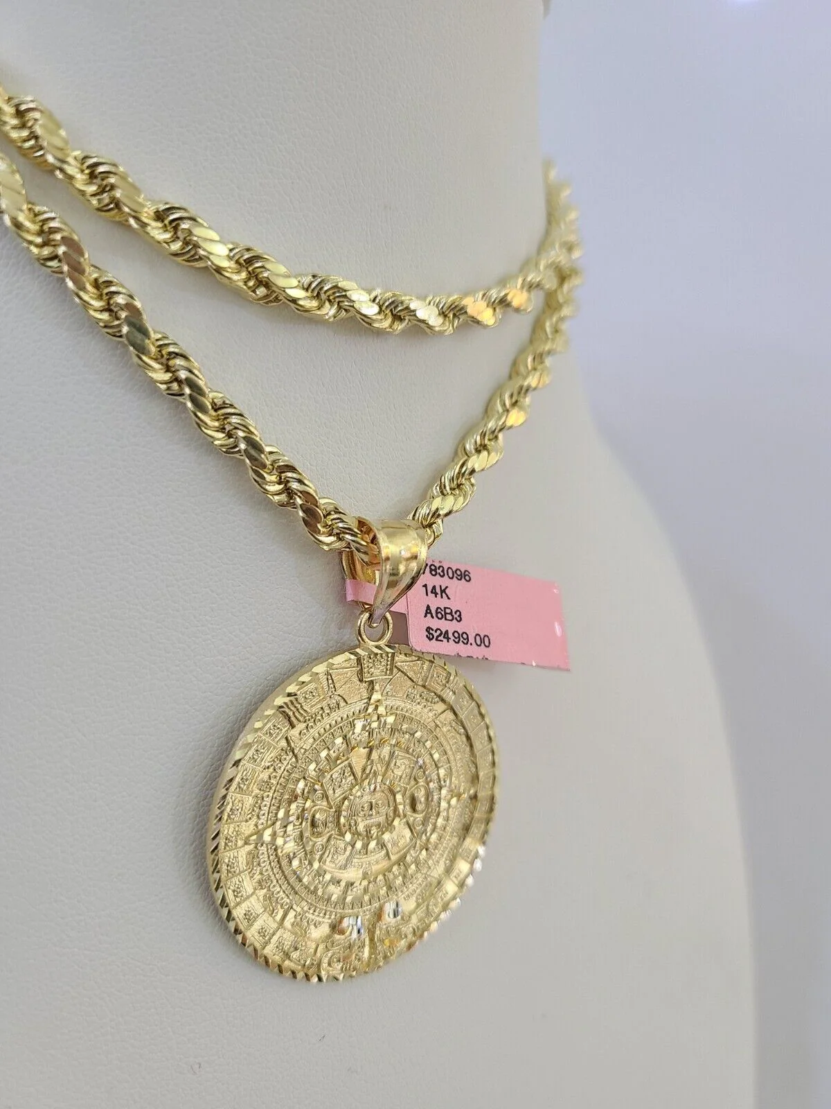 Real 14k Rope Chain Mayan Calendar Charm Yellow Gold Set 5mm 20"-30" Necklace - Image 6