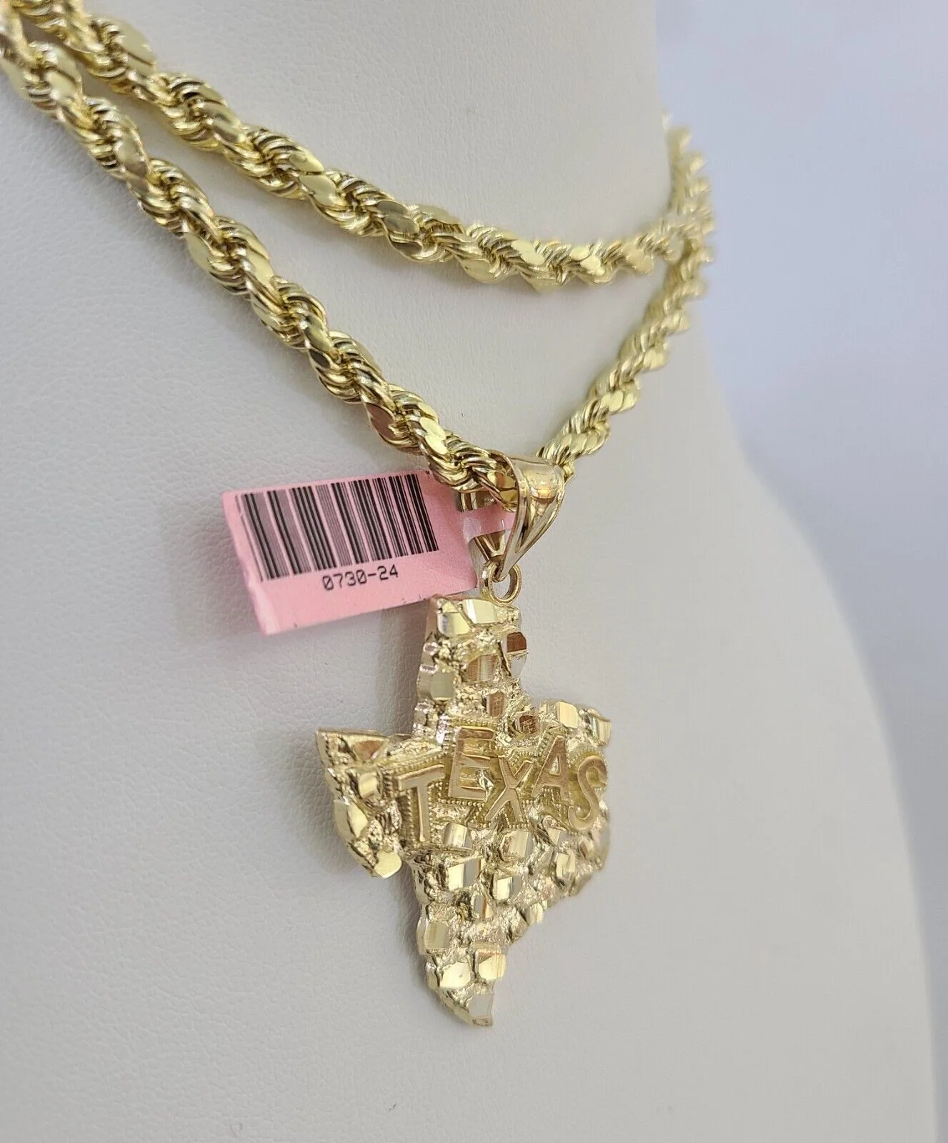 Real 14k Rope Chain Texas Map Charm Yellow Gold Set 5mm 20"-30" Necklace - Image 6
