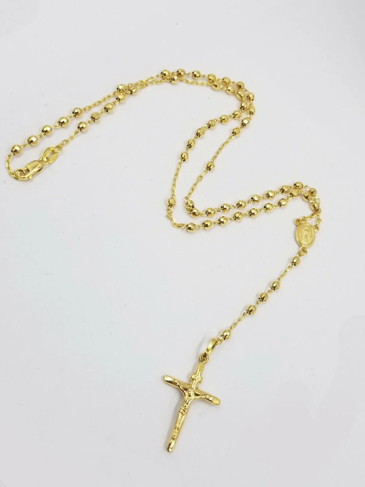 Real 14k Rosary Yellow Gold Diamond Cut Jesus Crucifix  Necklace 21" Solid Chain - Image 3