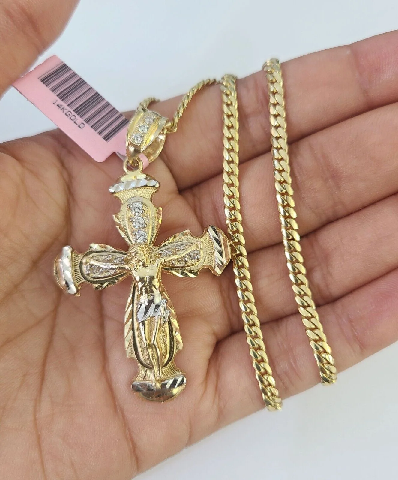 Real 14k Solid Chain Cross Charm Set Miami Cuban Link 3mm Necklace Pendant Gold - Image 3