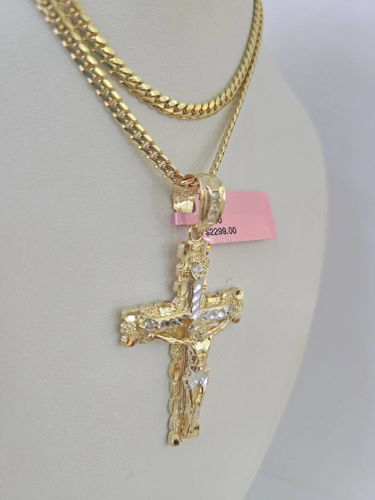 Real 14k Solid Chain Cross Charm Set Miami Cuban Link 3mm Necklace Pendant Gold - Image 2