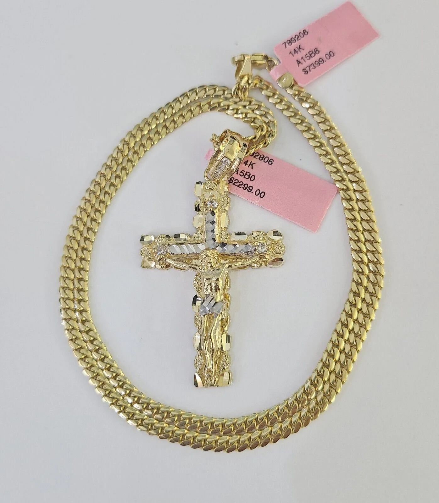 Real 14k Solid Chain Cross Charm Set Miami Cuban Link 3mm Necklace Pendant Gold - Image 3